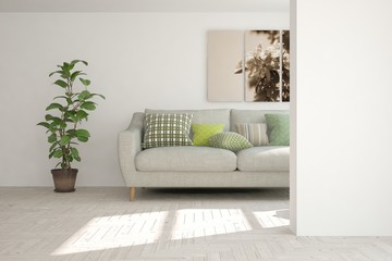 Idea of white minimalist room with sofa. Scandinavian interior design. 3D illustration