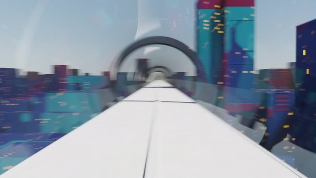 Concept of hyperloop. High-speed passenger train moves in a glass tunnel against a background of evening cityscape with lights, makes a right turn. Seamless animation, loopable element