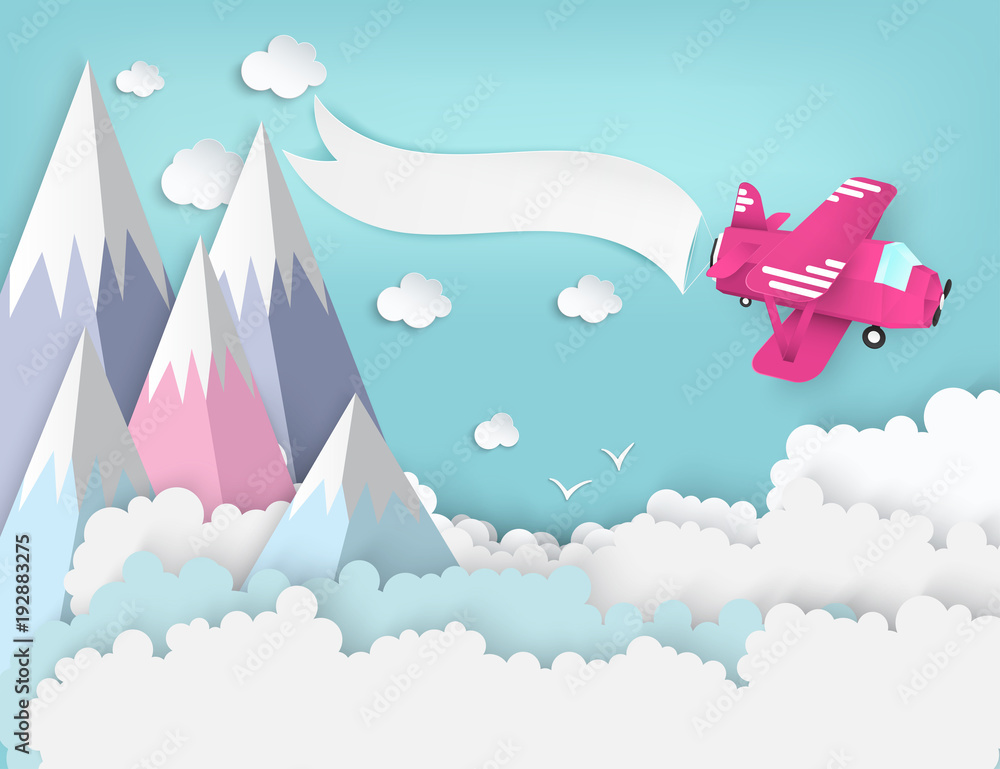 Wall mural paper art background with paper clouds, high mountains, pink airplane with banner. flying origami pa