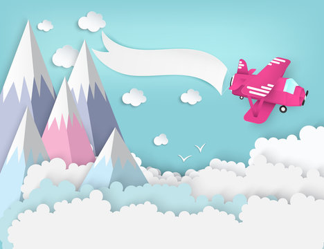 Paper art background with paper clouds, high mountains, pink airplane with banner. Flying origami paper art plane. Blue sky background with fluffy clouds. Pastel colors
