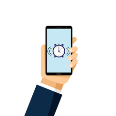 Hand holding smartphone with alarm clock on display. Mobile smart phone on isolated White background