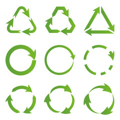 Obraz premium Set of flat green recycling symbols of ecologically pure funds. Arrows. Ecological symbols. Green vector collection vector image.