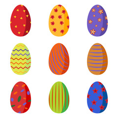 A set of bright colorful Easter eggs decorated with flowers, circles, stripes, waves. Flat style. Vector illustration.