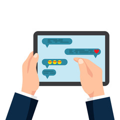 tablet chat, conversation. vector illustration