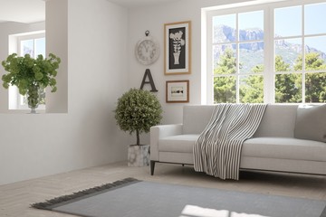 Idea of white room with sofa and summer landscape in window. Scandinavian interior design. 3D illustration