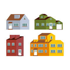 Set of Small and big flat cartoon houses. Cute bright illustration. Vector illustration.