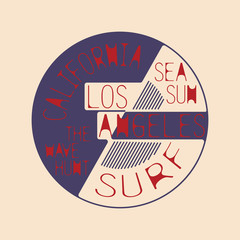 Surfing California t-shirt graphic print design. The wave hunt. Sun & sea. Wear typography, Tee emblem. California surf-sport Creative design. Print stamp. Vector illustration.