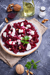 Healthy beetroot salad with feta and walnuts