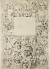 Title page with faces of people. Graphic drawing with portraits in pencil. Place for text.