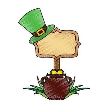 wooden board with pot coins and hat of leprechaun vector illustration drawing image