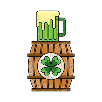 wooden barrel clover with beer glass beverage vector illustration drawing image