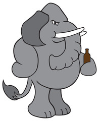 A cranky cartoon elephant is relaxing with a bottle of beer