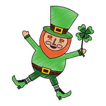 happy leprechaun jumping holding clover in hand vector illustration drawing image