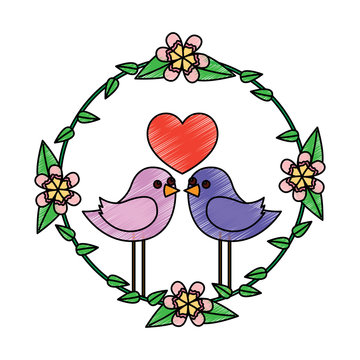 two happy cute bird in love with the heart in floral wreath vector illustration drawing image