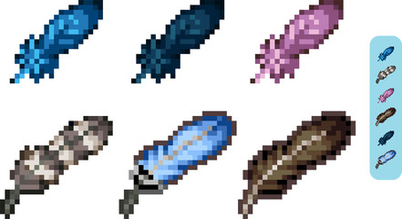 Set of feathers in pixel style