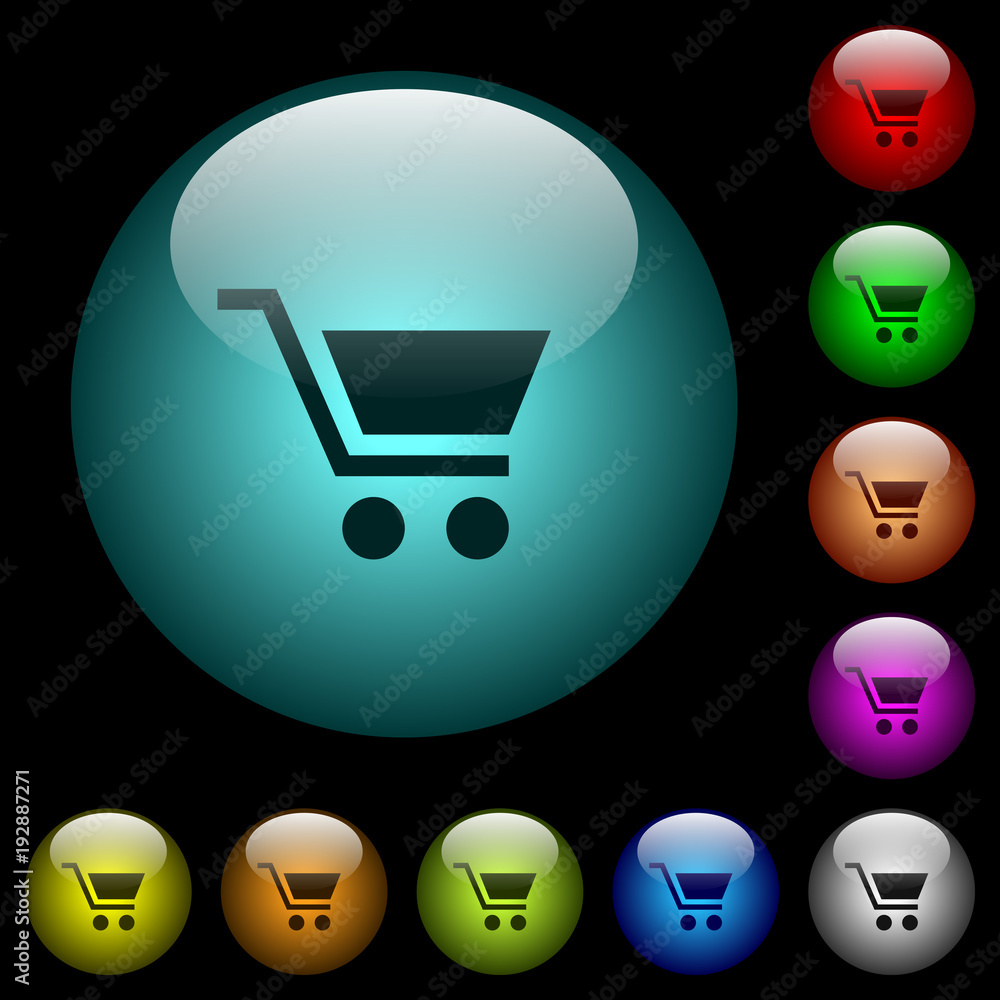 Poster empty shopping cart icons in color illuminated glass buttons