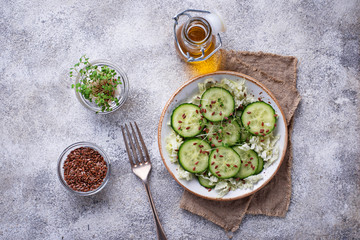 Healthy spring salad with cucumber, flax seed and cress 