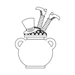cauldron treasure with hat and leg of leprechaun vector illustration dotted line image