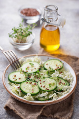 Healthy spring salad with cucumber, flax seed and cress 