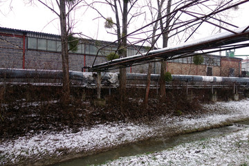 Hot water pipes, old building, stream