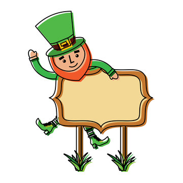 leprechaun on wooden board happy character vector illustration