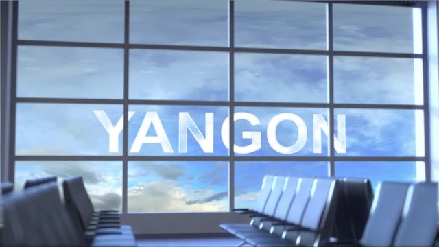 Commercial Airplane Landing At Yangon International Airport. Travelling To Myanmar Conceptual Intro Animation