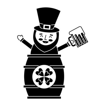 st. patricks day leprechaun inside on a barrel with a pint of beer in his hand vector illustration black and white image