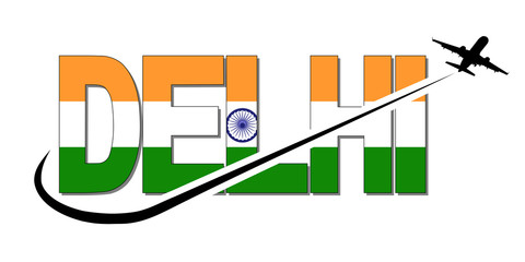 Delhi flag text with plane silhouette and swoosh illustration