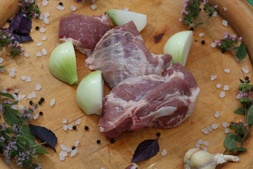 Fresh raw meat on platter with herbs