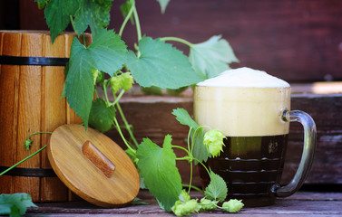 dark beer with wooden barrel