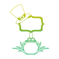 wooden board with pot coins and hat of leprechaun vector illustration neon color line image
