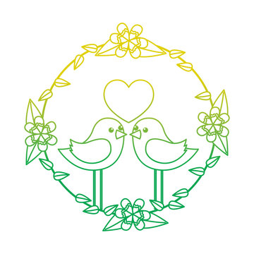 two happy cute bird in love with the heart in floral wreath vector illustration neon color line image
