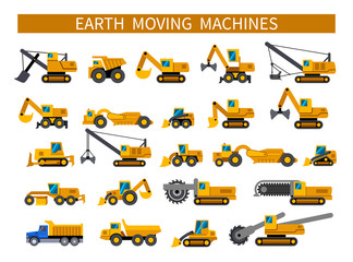 Earthmoving machines. Construction machinery icons set. Earth mover vehicles types. Vector silhouette icons on white background