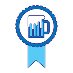 rosette badge with beer glass foamy drink vector illustration blue design image