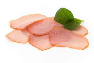 Sliced boiled ham sausage isolated on white background, top view.