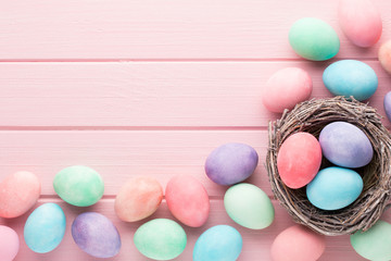 Pastel Easter eggs background. Spring greating card.