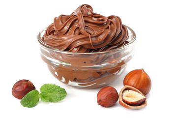 chocolate cream with hazelnut isolated on white background. cream in glass bowl