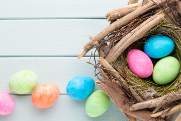 Pastel Easter eggs background. Spring greating card.