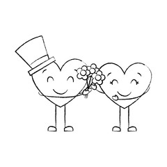 couple hearts love hoding bouquet flowers vector illustration sketch image