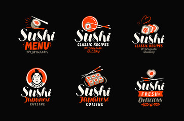 Fototapeta premium Sushi, sashimi, japanese cuisine logo or label. Set of elements for restaurant menu design. Vector illustration