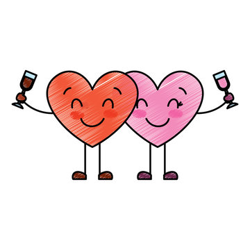 couple hearts cartoon with wine glass drink vector illustration drawing image