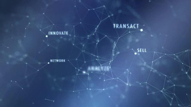 Conceptual business words motion with artistic lines and dots movement on blue network background.