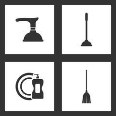 Vector Illustration Set Cleaning Icons. Elements of Toilet Plunger, detergent and dish and Sweeping broom icon