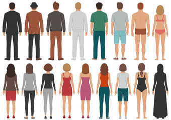 vector illustration of back view people group, man, woman standing characters, business  isolated person