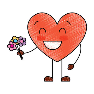 cute heart love holding bouquet flowers gift vector illustration drawing image