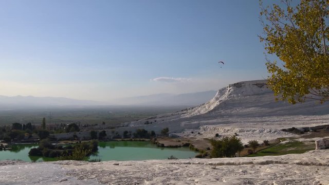 Beautiful view of Pamukkale in the autumn evening against a clear blue sky. Turkey