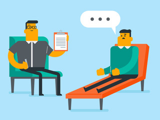 Young caucasian white patient sitting on the sofa and talking about depression with psychologist