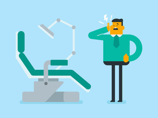 Young upset caucasian white patient visiting a dentist because of toothache. Patient standing next to the dental chair and suffering from strong toothache. Vector cartoon illustration. Square layout.