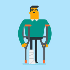 Injured caucasian white man with broken leg in gypsum using crutches. Young man with fractured leg standing with crutches. Vector cartoon illustration. Square layout.