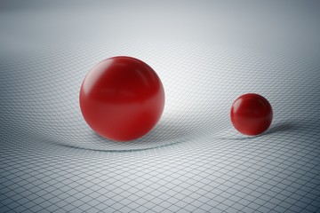General theory of relativity concept. Distortion of spacetime geometry caused by gravity of massive spheres. 3D rendered illustration.